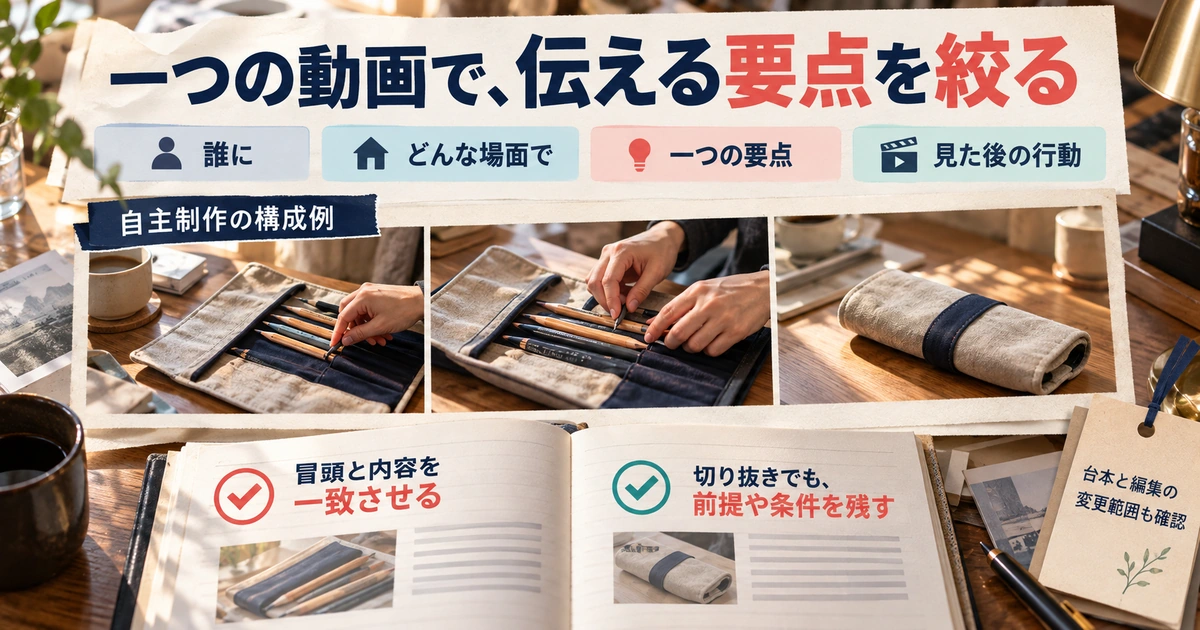 誰に何を伝えるかを絞り、自主制作の構成例と文脈を保つ確認を示す