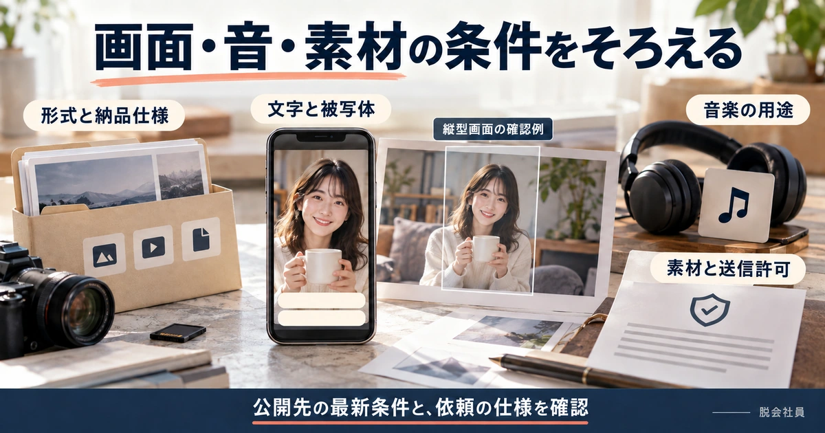 縦型画面の被写体と字幕位置、音楽の用途や素材の送信許可を確認する