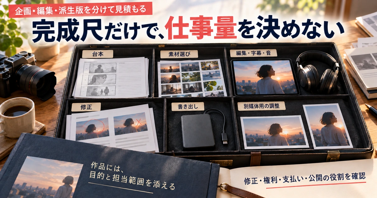 台本・素材選び・編集字幕音・修正・書き出し・別媒体調整を分けて見積もる