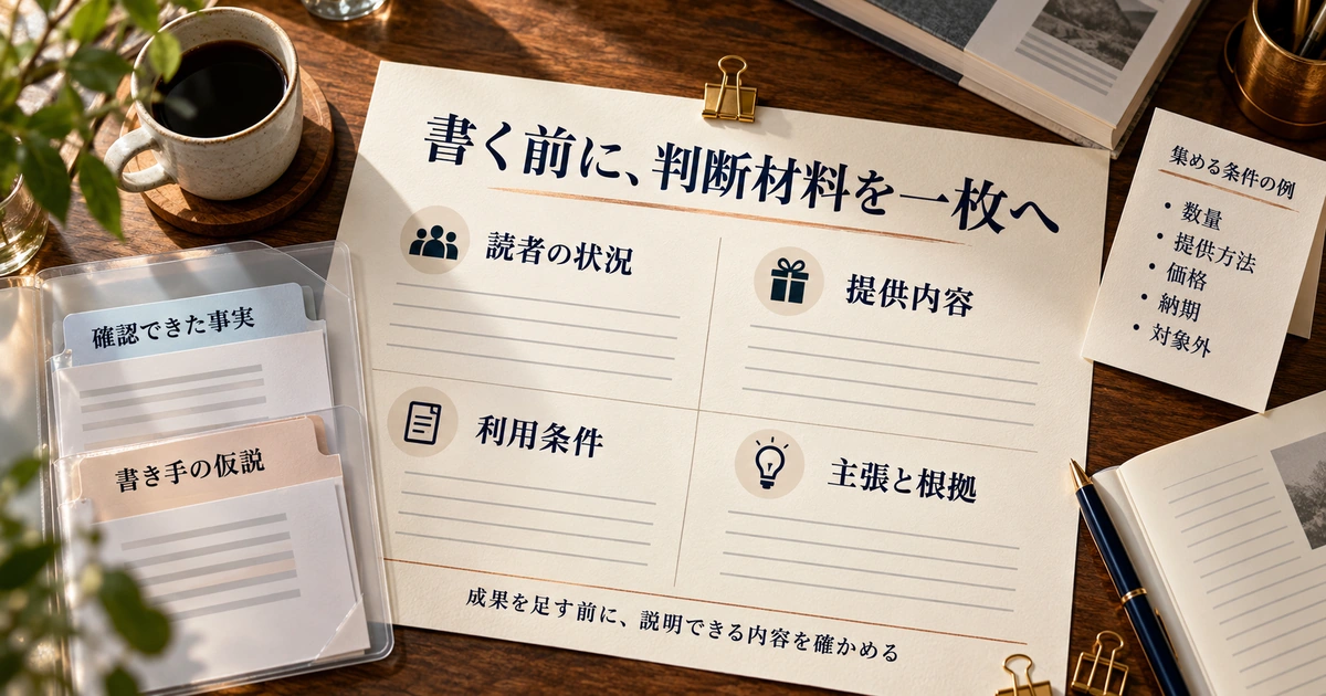 読者の状況・提供内容・利用条件・主張と根拠を一枚に整理する