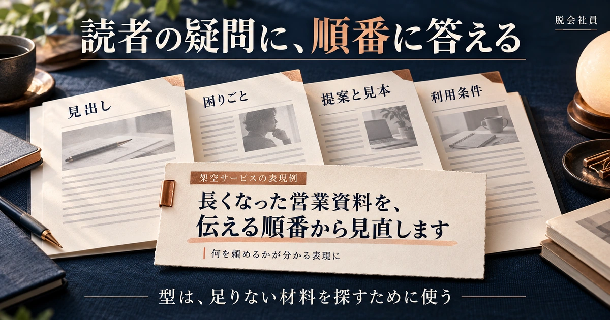 見出し・困りごと・提案と見本・利用条件の順に文章を組む