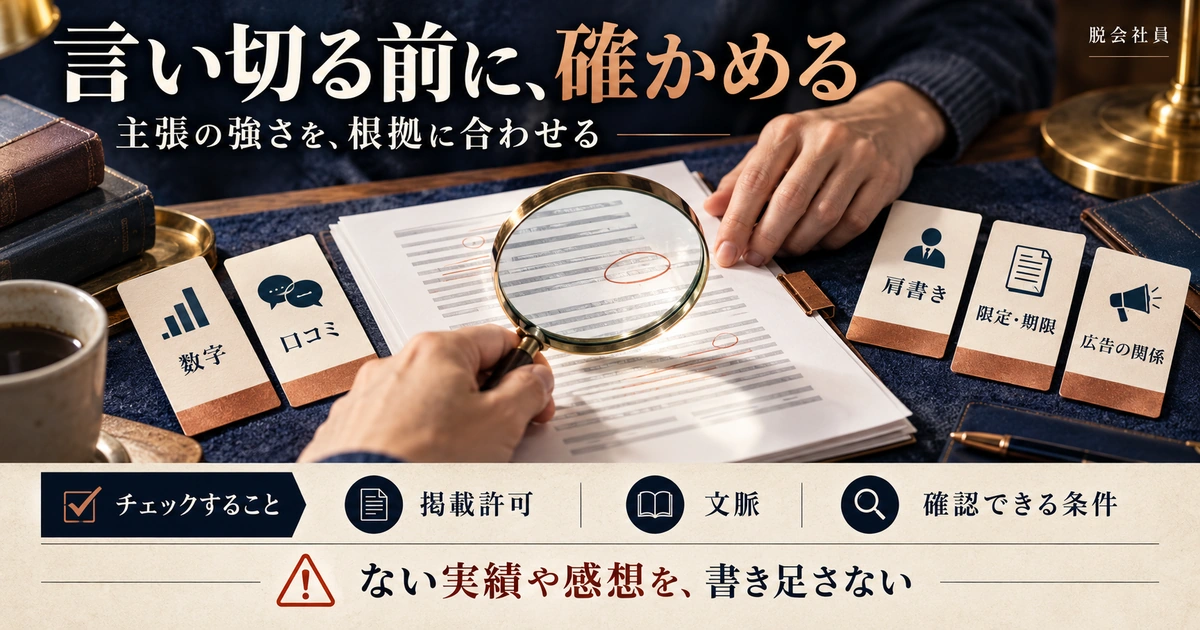 数字・口コミ・肩書き・限定期限・広告関係を根拠や許可と照合する