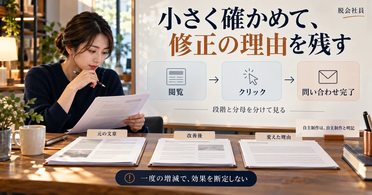 閲覧・クリック・問い合わせ完了の段階と分母を分け、修正理由を記録する