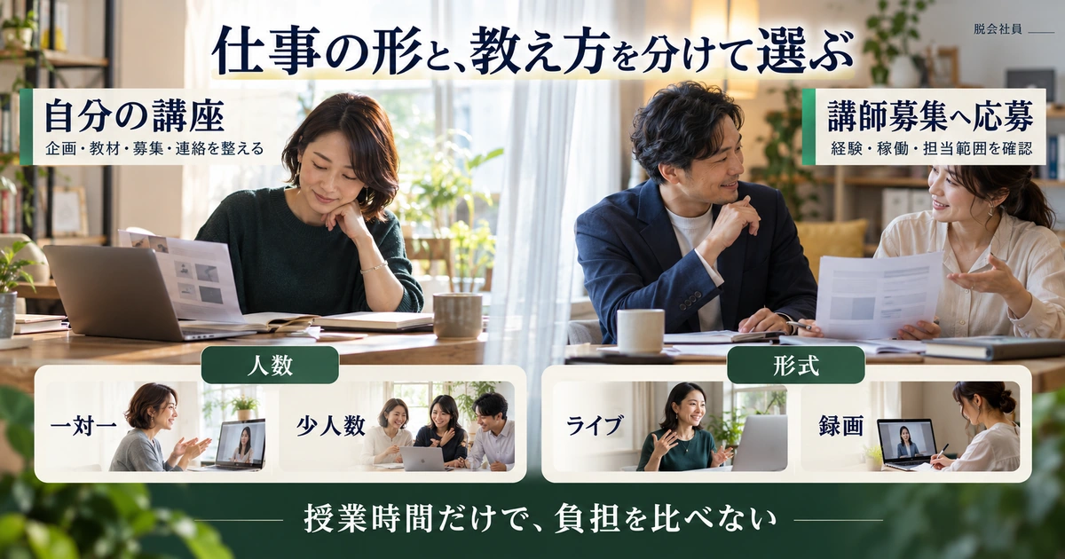 自分の講座と講師応募を比べ、人数とライブ・録画形式を別々に選ぶ