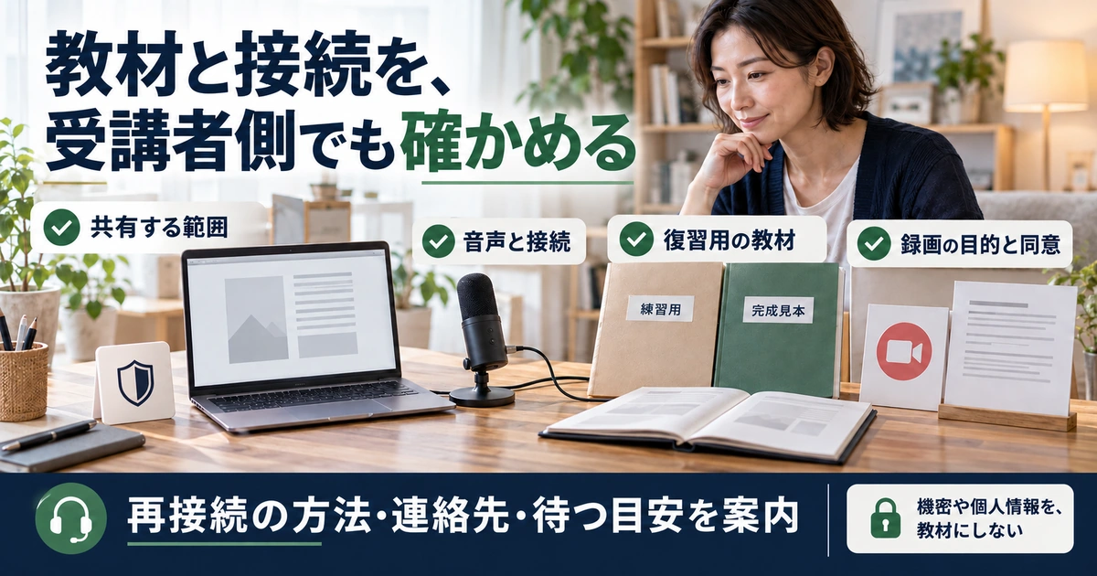 共有範囲・音声接続・復習教材・録画同意を確認し、接続不良時も案内する