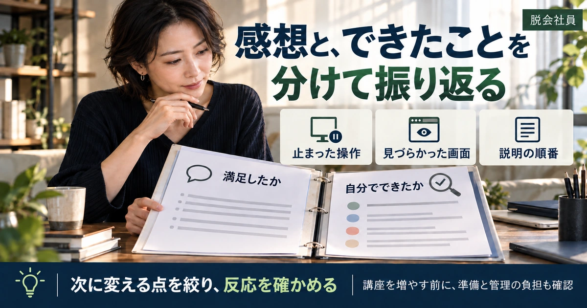 満足度と自力でできたことを分け、つまずきや画面・説明順を振り返る