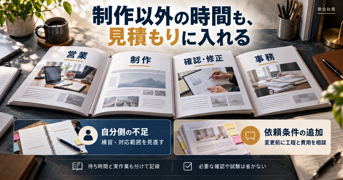 営業・制作・確認修正・事務を含め、超過の原因を自分側と条件追加に分ける