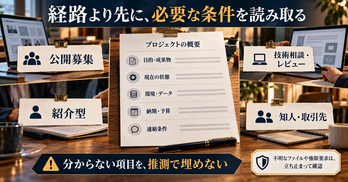 四つの募集経路から案件の目的・現状・環境・納期予算・連絡条件を読み取る