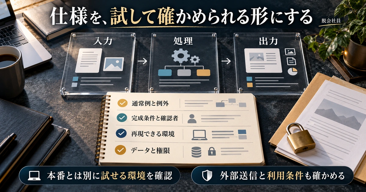 入力・処理・出力と例外、完成条件、環境、データ権限を確認する