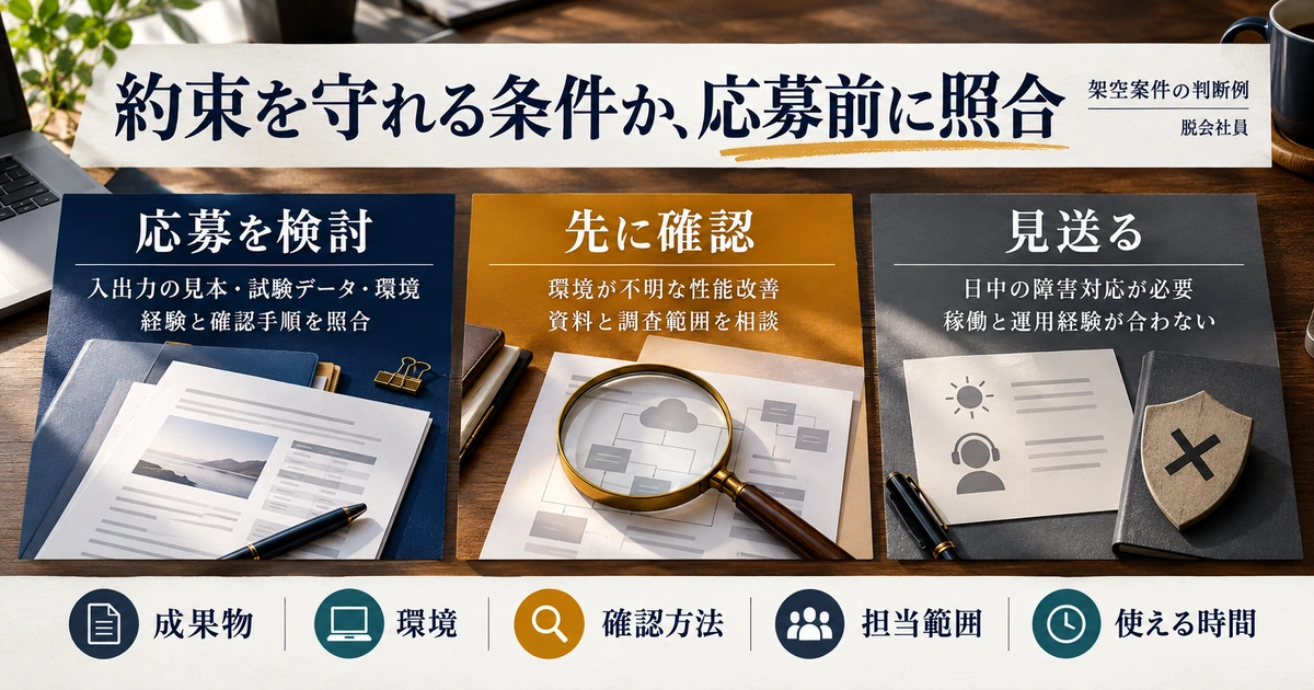 架空の三案件について応募検討・先に確認・見送りの判断材料を比べる