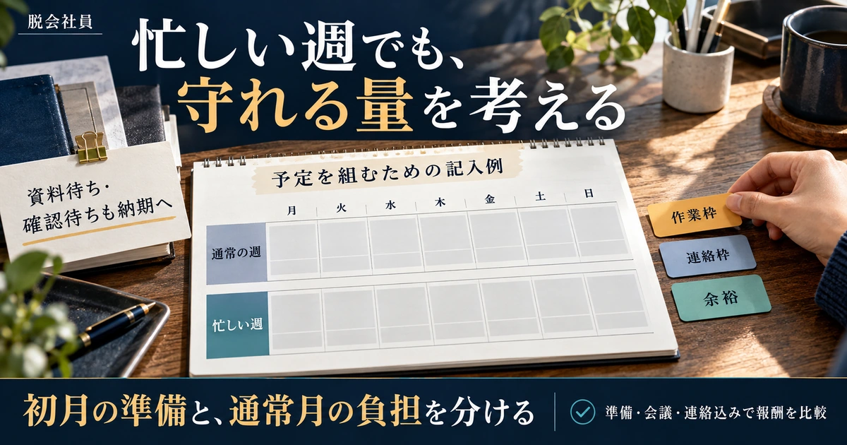 通常の週と忙しい週を比べ、作業・連絡・余裕と資料待ちを予定に入れる