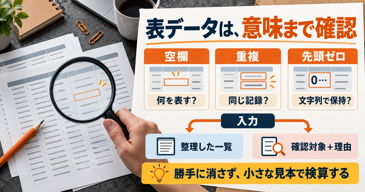 表データの空欄・重複・先頭ゼロを確認し、整理一覧と確認対象の行を分ける生成イメージ