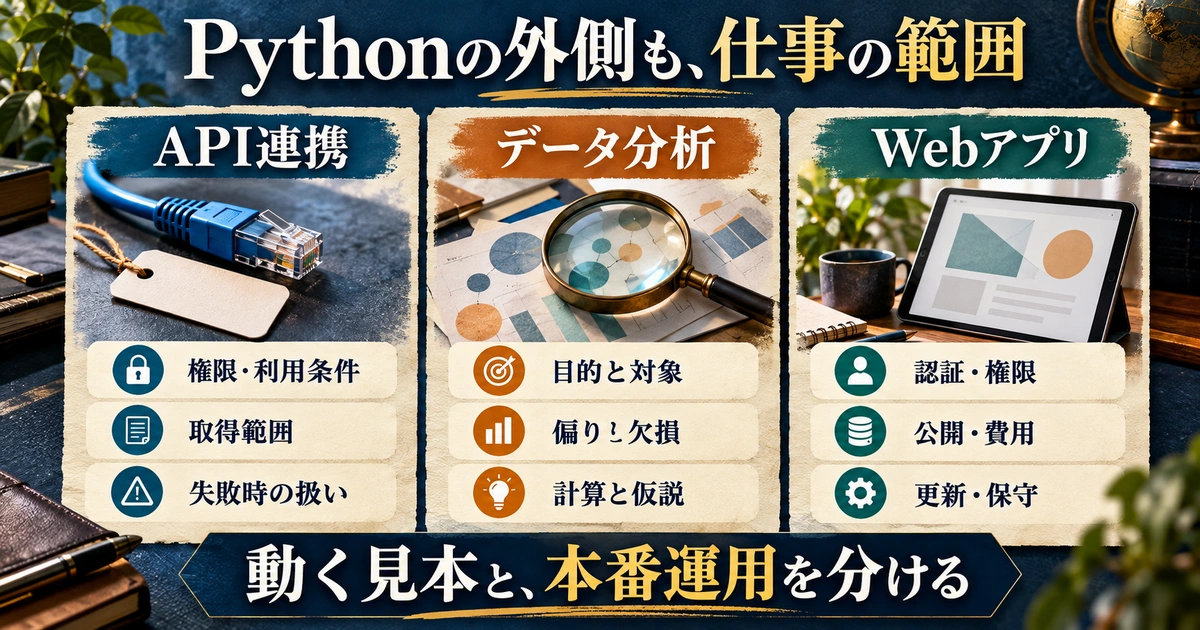 API連携・データ分析・Webアプリで必要な権限・評価・運用の知識を比較する生成イメージ