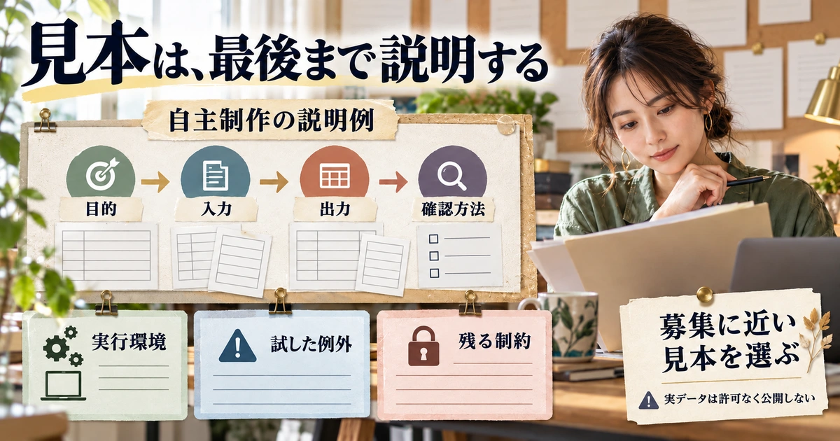 Python自主制作の見本を目的・入力・出力・確認方法と実行環境・例外・制約で説明する生成イメージ