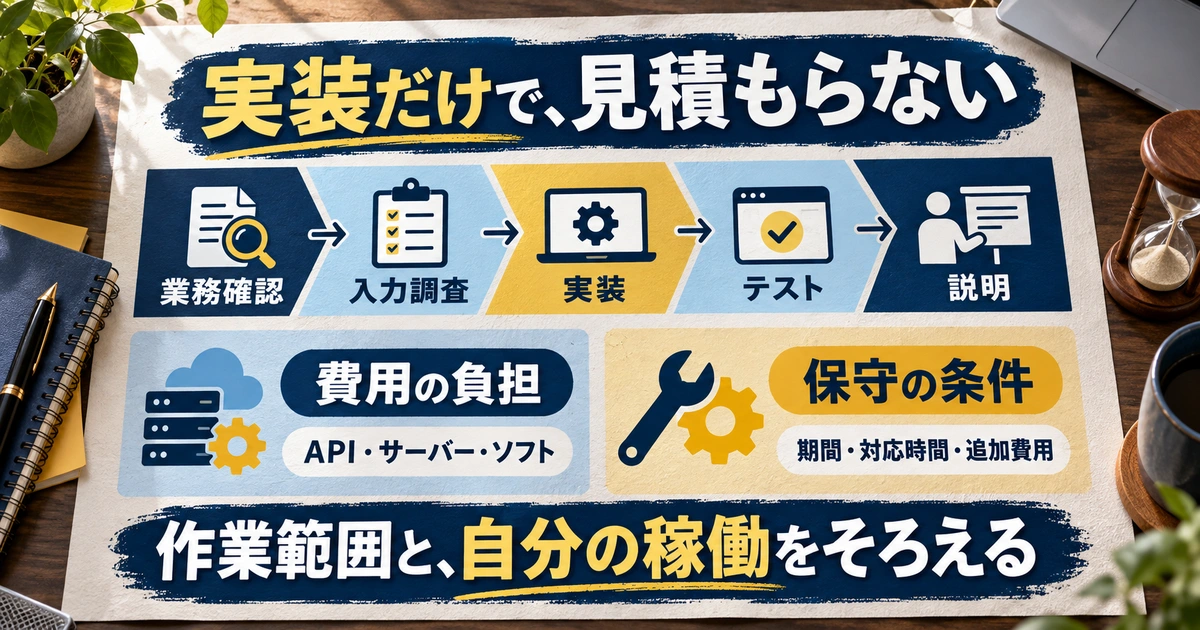 Python仕事の業務確認から説明までの工程と費用負担・保守条件を分けて見積もる生成イメージ