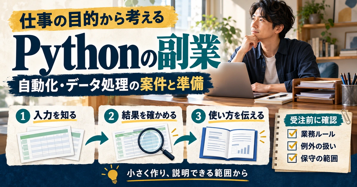Python副業の準備を入力・結果確認・説明の三工程と業務ルール・例外・保守の確認で示す生成イメージ