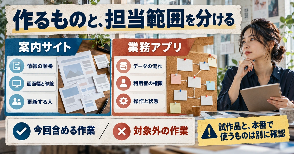 案内サイトと業務アプリの目的を比較し、担当作業と対象外を区切る生成イメージ
