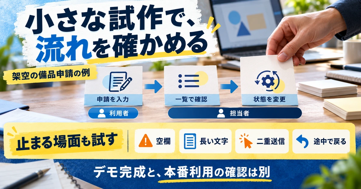 架空の備品申請を入力・一覧確認・状態変更で試し、空欄などの異常操作を確認する生成イメージ