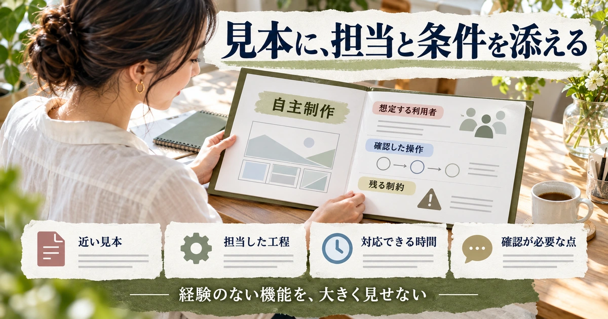 自主制作の見本に利用者・操作・制約と応募時の四条件を添える生成イメージ