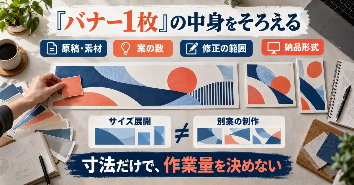 バナー一枚に含む原稿素材・案数・修正・納品形式と、サイズ展開と別案の違いを示す生成イメージ