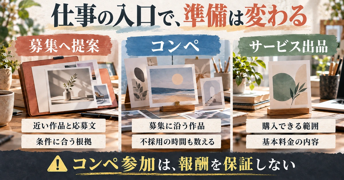 募集提案・コンペ・サービス出品の準備を比較し、コンペ報酬が保証されないことを示す生成イメージ