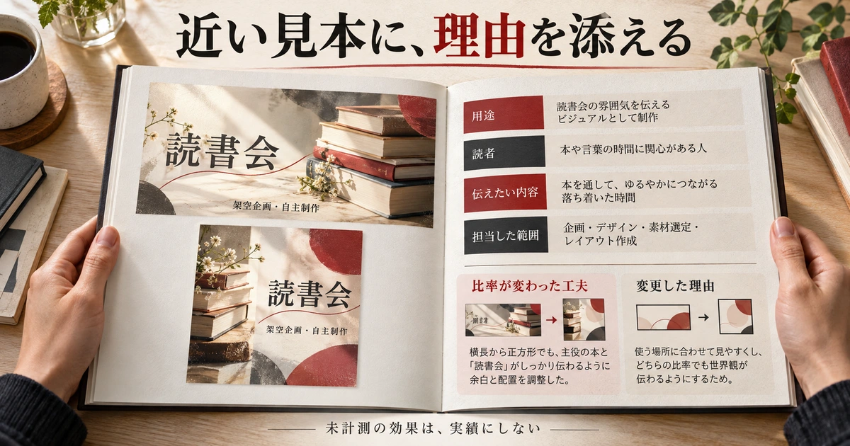 架空の読書会バナーを横長と正方形で示し、用途・読者・担当範囲と変更理由を説明する生成イメージ