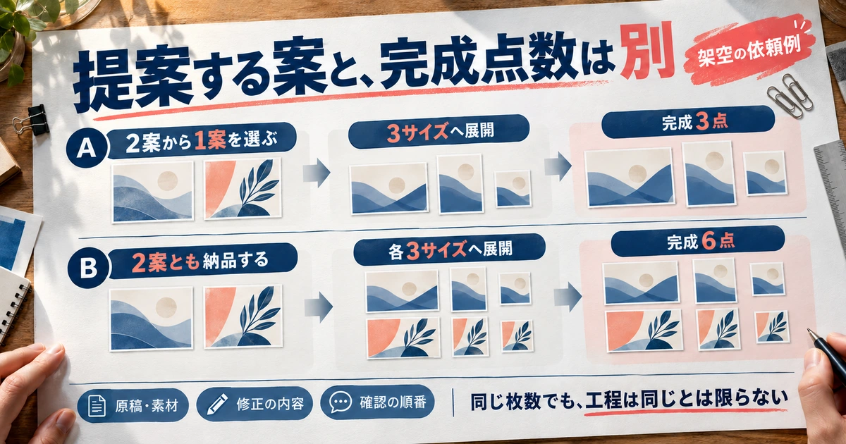 二案から一案を選んで三点作る場合と二案を各三サイズで六点作る場合を比較した生成イメージ