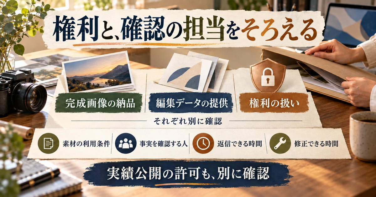 完成画像・編集データ・権利を分け、素材条件・事実確認担当・返信修正時間を確認する生成イメージ