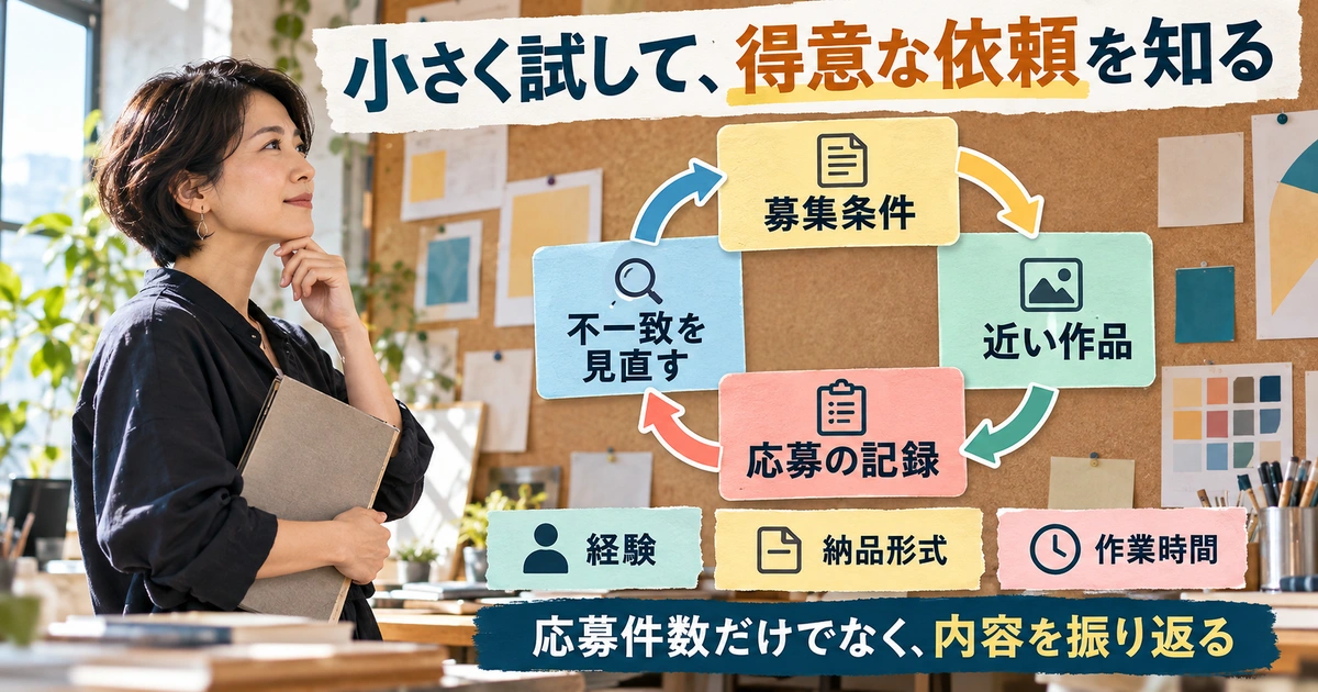 募集条件・近い作品・応募記録・不一致見直しの循環で得意なバナー依頼を探す生成イメージ