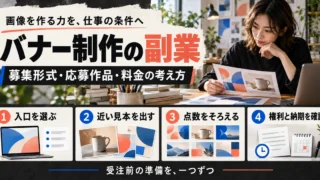 バナー制作副業の入口・応募見本・点数・権利と納期の確認をまとめた生成イメージ