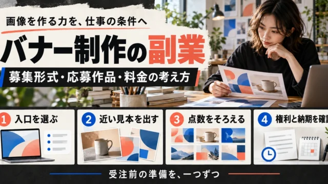 バナー制作副業の入口・応募見本・点数・権利と納期の確認をまとめた生成イメージ