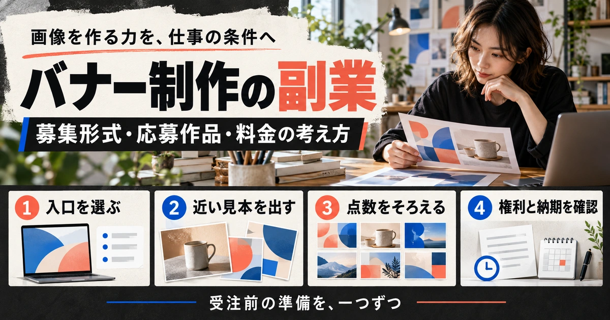 バナー制作副業の入口・応募見本・点数・権利と納期の確認をまとめた生成イメージ
