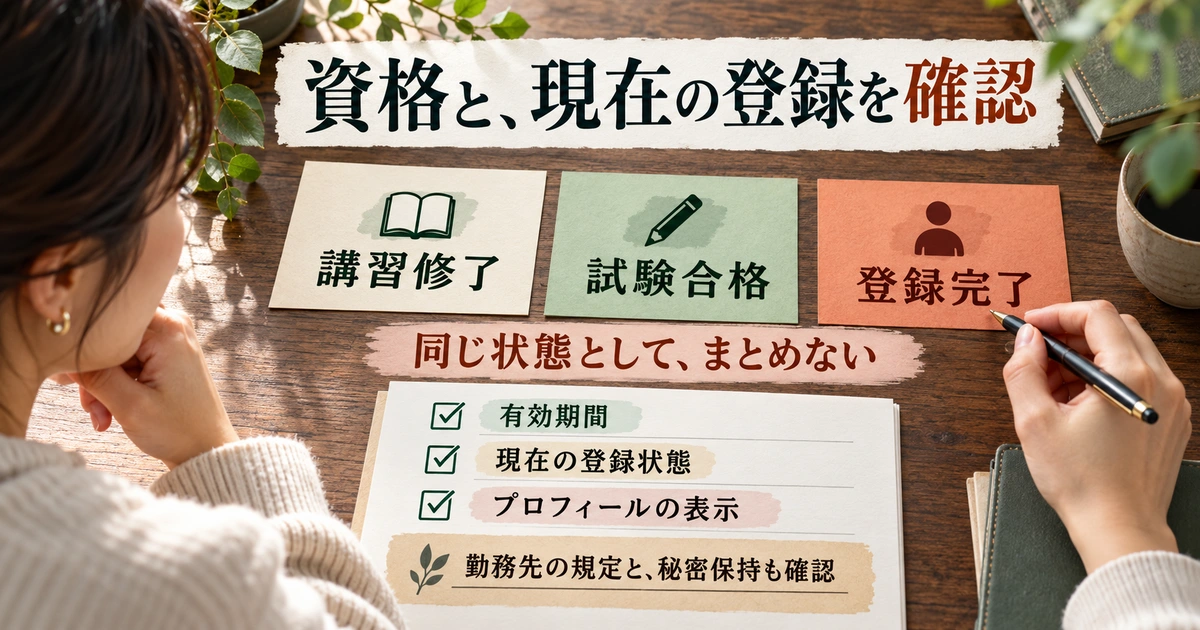 講習修了・試験合格・登録完了を区別し、現在の登録と勤務先条件を確かめる生成イメージ