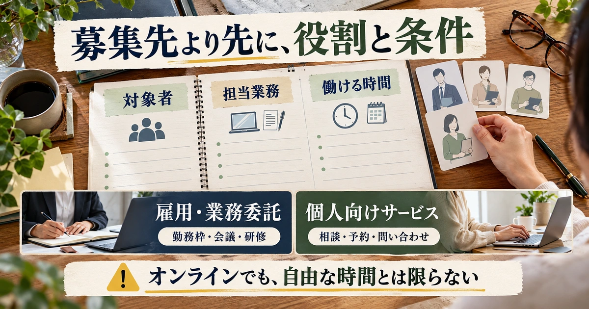 相談対象・担当業務・働ける時間と、組織の仕事や個人サービスの運営業務を比較する生成イメージ