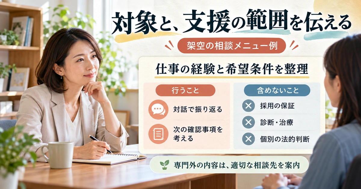 架空のキャリア相談メニューで対話による整理と対象外の保証・専門判断を区別する生成イメージ
