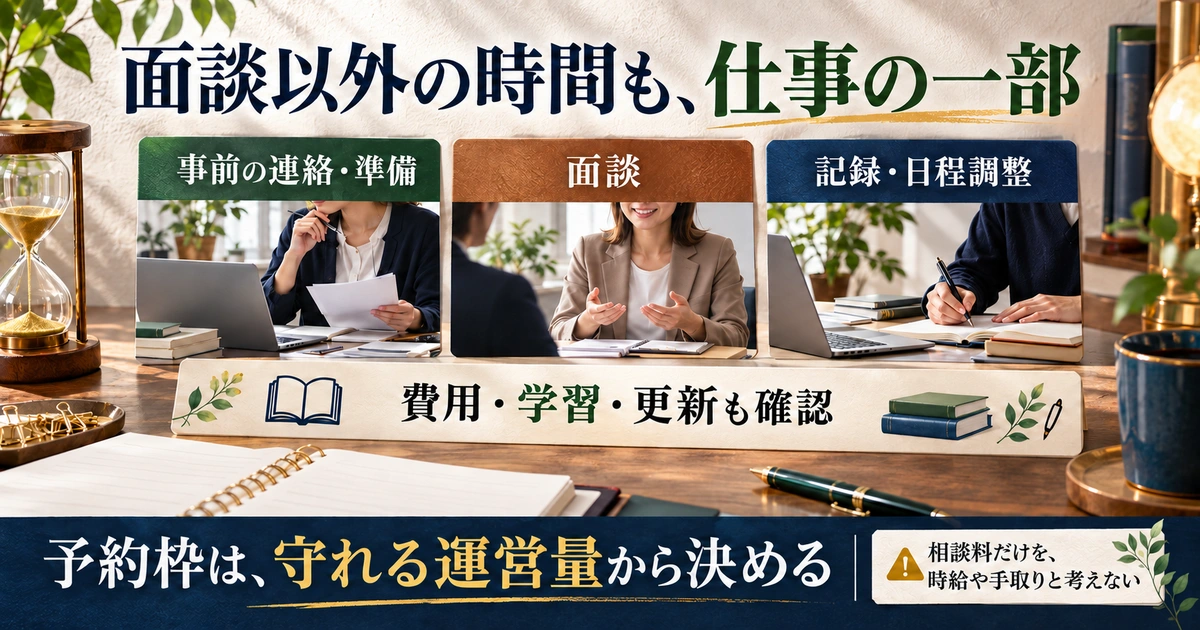 面談前の準備と面談後の記録を含む運営時間や費用・学習・更新を考える生成イメージ