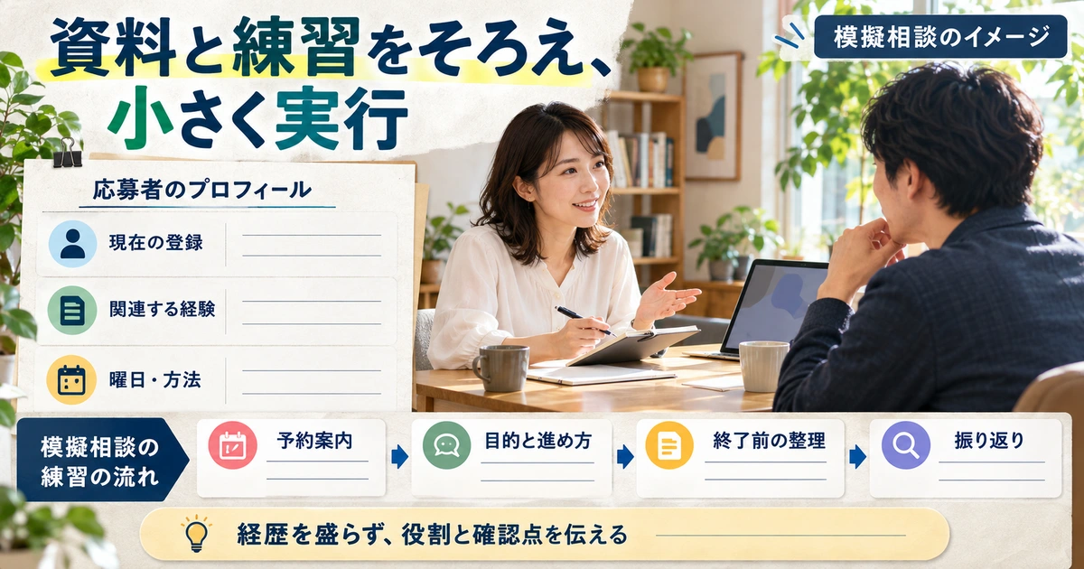 登録・経験・対応曜日を示す応募資料と模擬相談の予約案内から振り返りまでを整理する生成イメージ