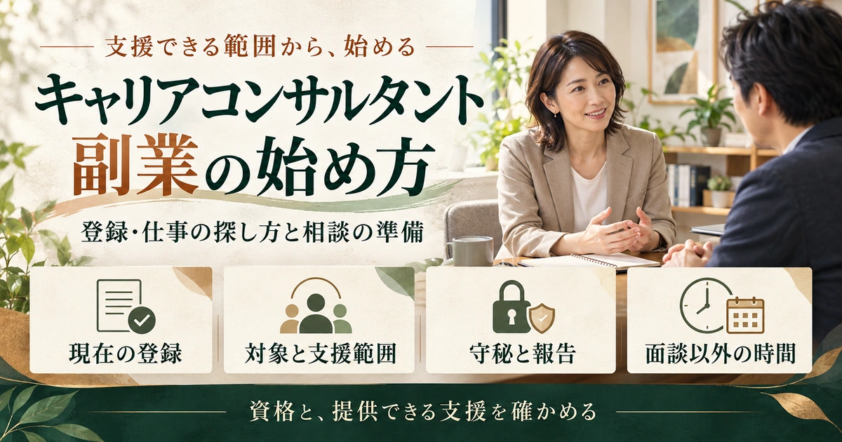 キャリアコンサルタント副業の登録・支援範囲・守秘報告・面談以外の時間を整理した生成イメージ