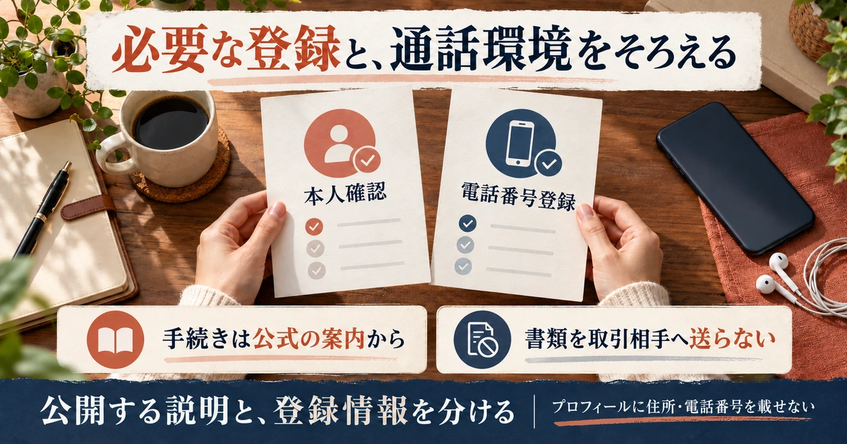 電話相談の本人確認と電話番号登録を分け、公式手続きと公開情報の注意を示す生成イメージ