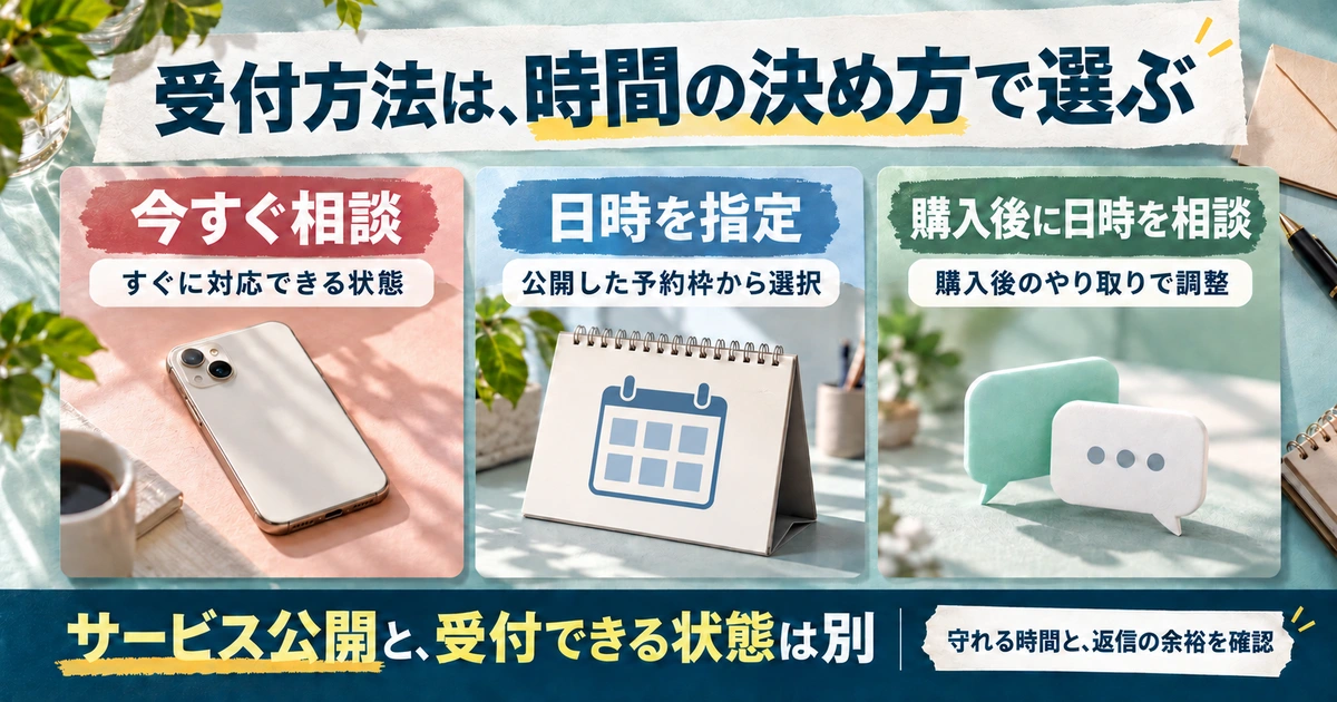 今すぐ相談・日時指定・購入後日時相談の三受付方法と、公開と受付可能状態の違いを比較する生成イメージ