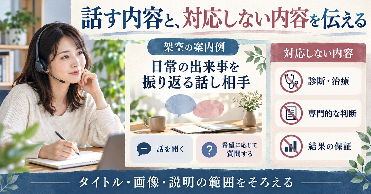 架空の電話相談案内で話を聞く範囲と診断治療・専門判断・結果保証を行わない範囲を示す生成イメージ