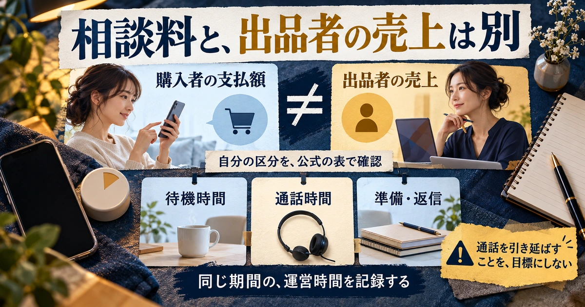 購入者の支払額と出品者売上を分け、待機・通話・準備返信の時間を記録する生成イメージ