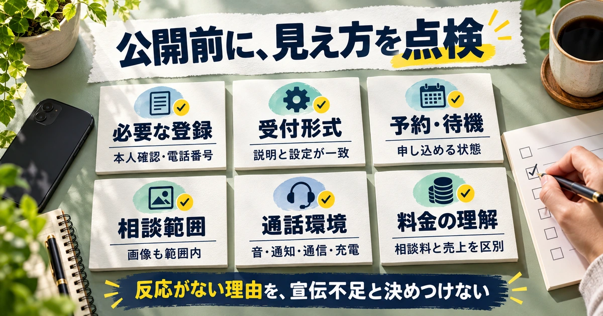 電話相談公開前に登録・受付形式・予約待機・相談範囲・通話環境・料金理解を点検する生成イメージ