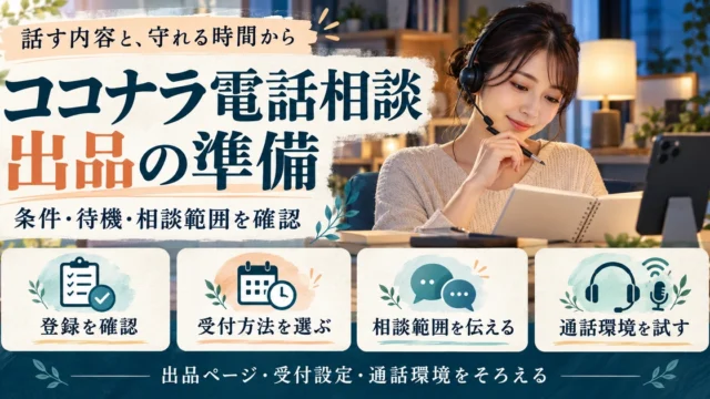 ココナラ電話相談の出品準備を登録・受付方法・相談範囲・通話環境の四点で示す生成イメージ