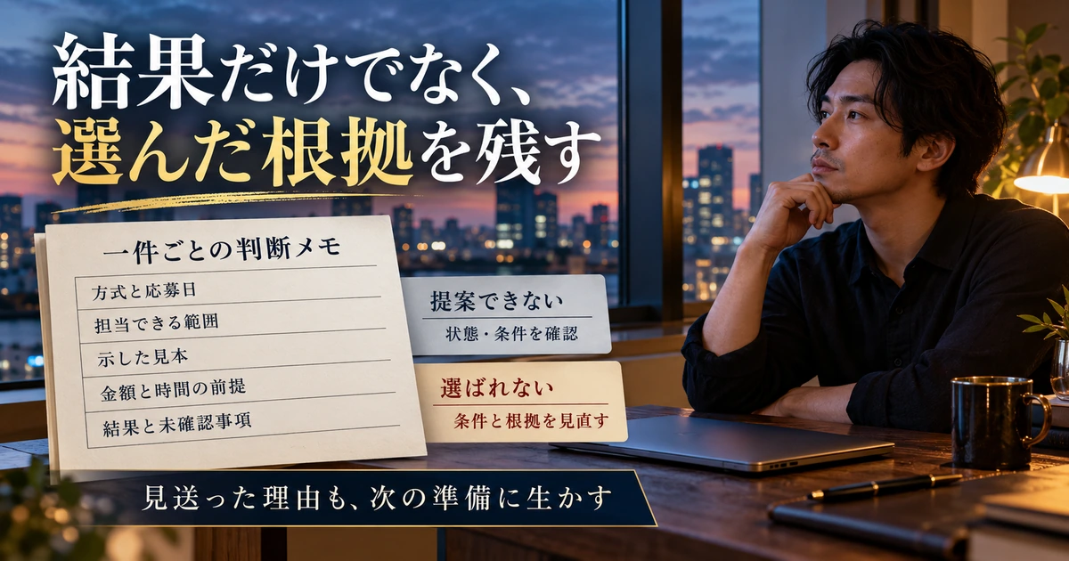 最初の応募で方式・範囲・見本・金額・結果を記録し、未確認事項を見直す