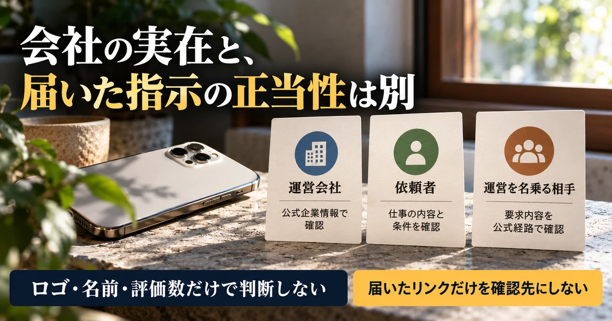 運営会社・依頼者・運営を名乗る相手を区別して公式経路で確認する