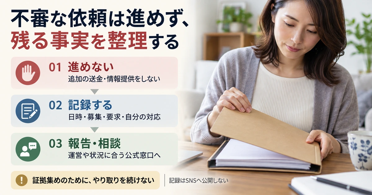 不審な依頼で進めず・記録し・公式へ報告相談する保護の流れ