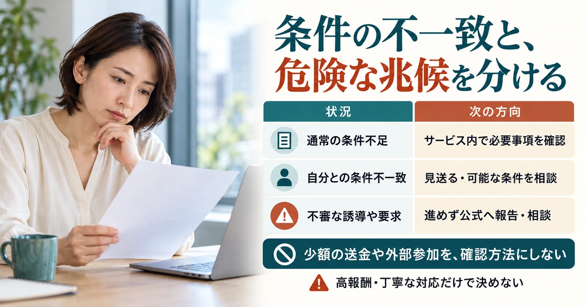 条件不足・自分との不一致・不審な兆候に応じて違う対応を選ぶ