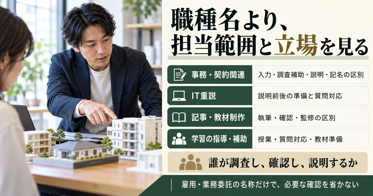 不動産業務・IT重説・記事教材・指導の担当範囲と確認体制を比べる