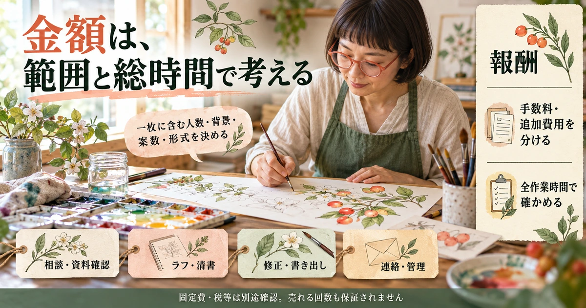 イラストの報酬から費用を分け、描画以外の作業と修正範囲も見積もる
